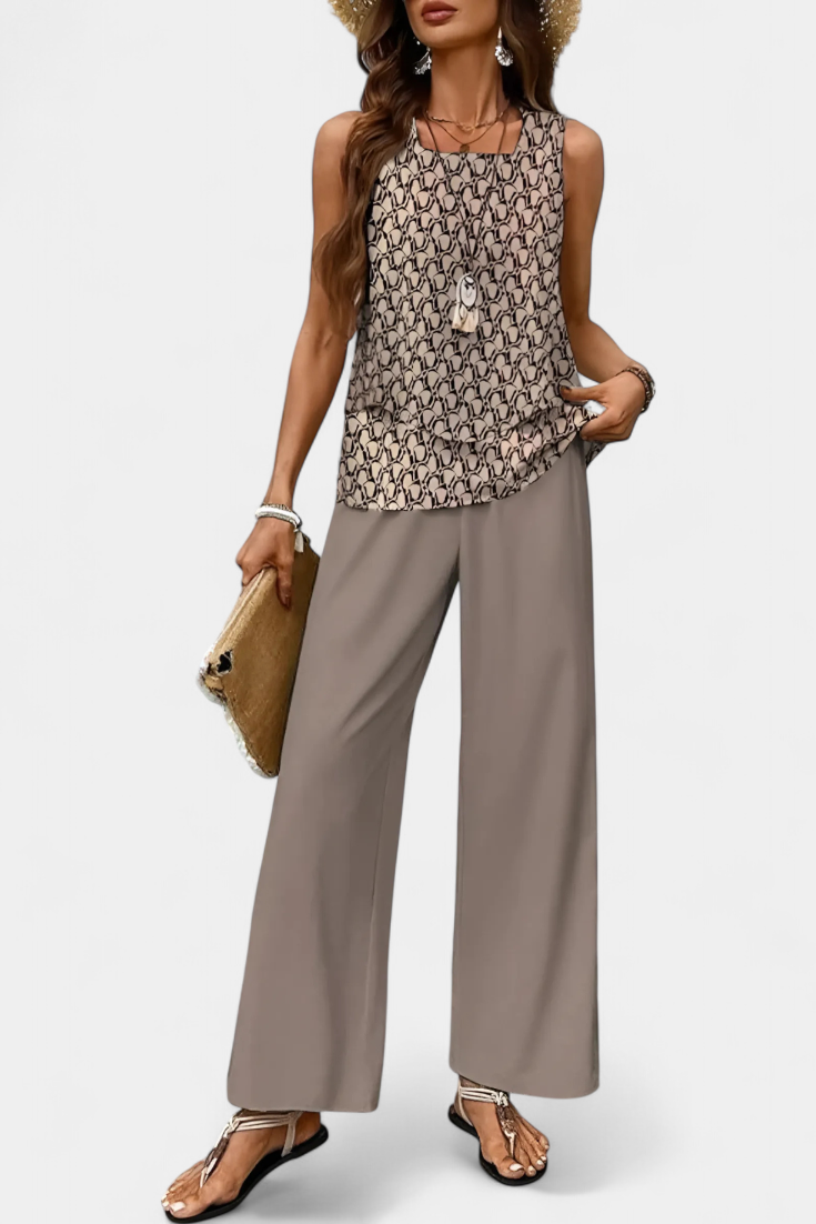 Martina | Conjunto Boho Elegante Sin Mangas con Pantalón Recto Estampado