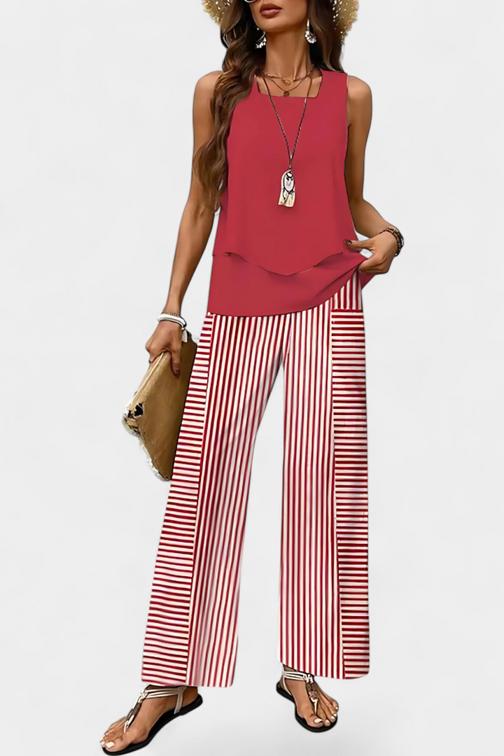 Martina | Conjunto Boho Elegante Sin Mangas con Pantalón Recto Estampado