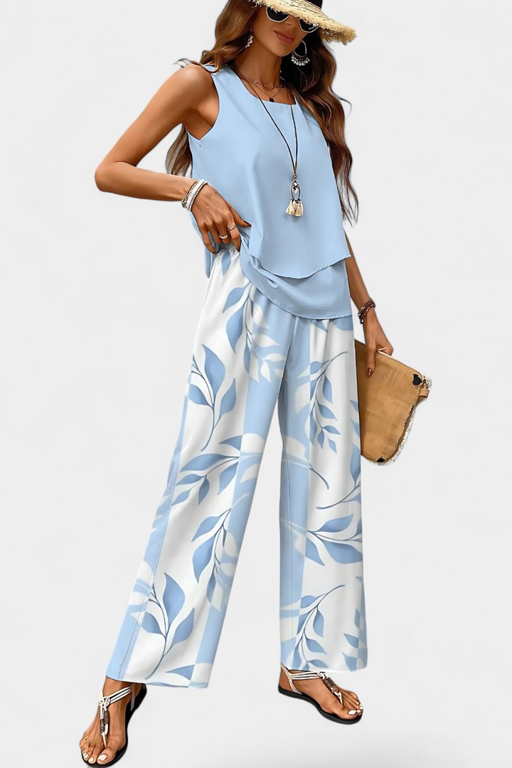 Martina | Conjunto Boho Elegante Sin Mangas con Pantalón Recto Estampado